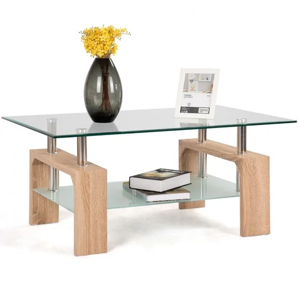 Table Basse Table d’Appoint de salon avec Étagère Inférieure en MDF Verre Trempé Acier Inoxydable, 100x60x45cm, Naturel