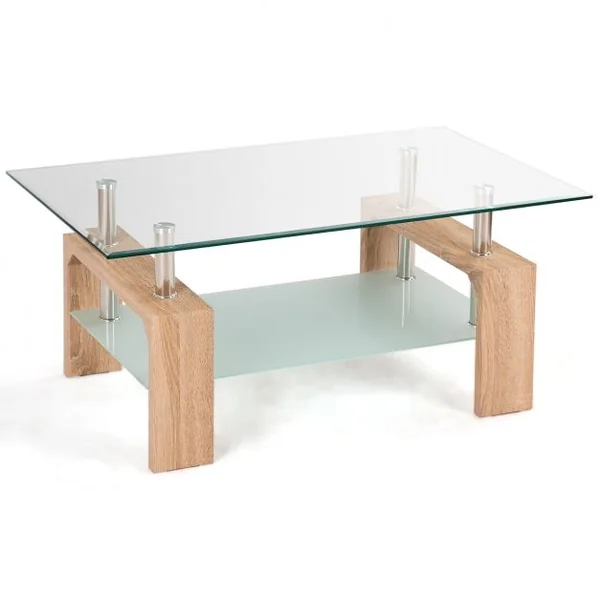 Table Basse Table d’Appoint de salon avec Étagère Inférieure en MDF Verre Trempé Acier Inoxydable, 100x60x45cm, Naturel