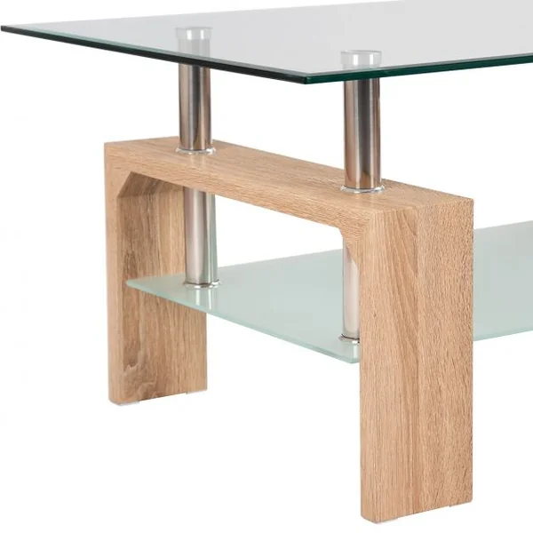 Table Basse Table d’Appoint de salon avec Étagère Inférieure en MDF Verre Trempé Acier Inoxydable, 100x60x45cm, Naturel