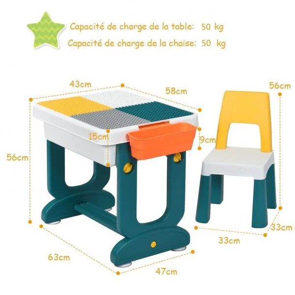 Table Blocs Construction 5 en 1 avec 2 Boîtes de Rangement 1 Table et 1 Chaise Plus de 3 ans