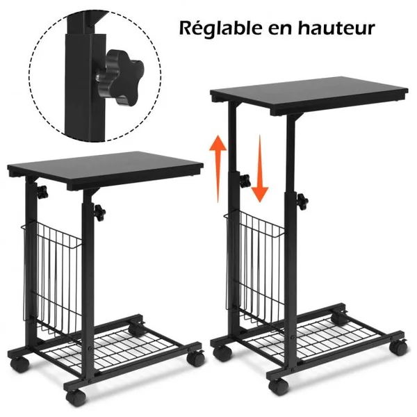 Table d’Appoint en Forme C Conception Industrielle Hauteur Réglable avec Roulettes 50 x 30 x 60-80 cm