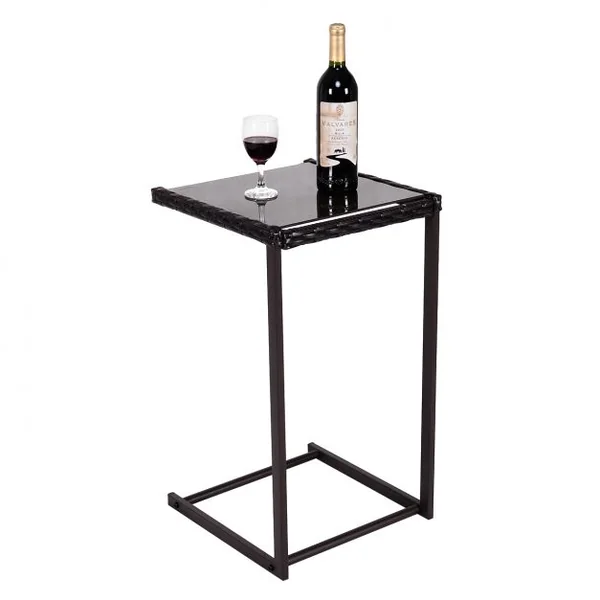Table d’appoint en forme de C Table de lit Table de canapé Table d’ordinateur, en rotin acier verre, 38x38x66cm, Marron