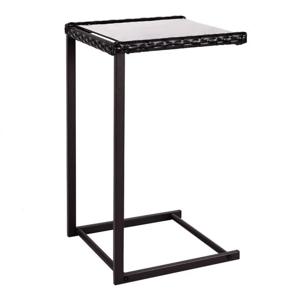 Table d’appoint en forme de C Table de lit Table de canapé Table d’ordinateur, en rotin acier verre, 38x38x66cm, Marron
