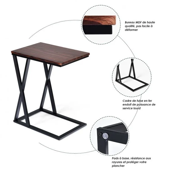 Table d’Appoint Moderne Table de Chevet avec Pieds en Forme de Croix en MDF et Fer, 50 x 30 x 60,5cm, Noir et Marron