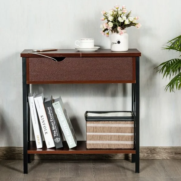 Table d'Appoint Table Basse d’Extrémité avec Plateau Rabattable Grande Capacité en Bois et Métal, 61x28,5x61cm, Café