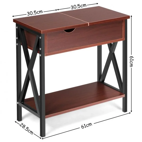Table d'Appoint Table Basse d’Extrémité avec Plateau Rabattable Grande Capacité en Bois et Métal, 61x28,5x61cm, Café