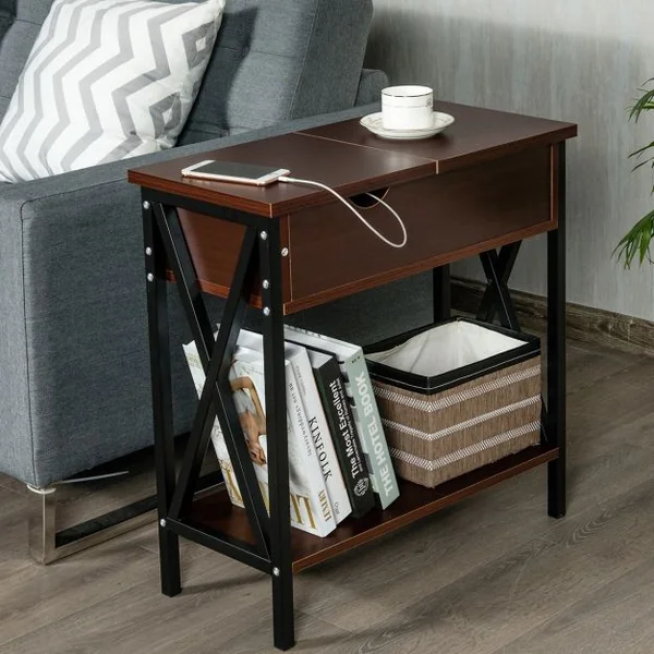 Table d'Appoint Table Basse d’Extrémité avec Plateau Rabattable Grande Capacité en Bois et Métal, 61x28,5x61cm, Café