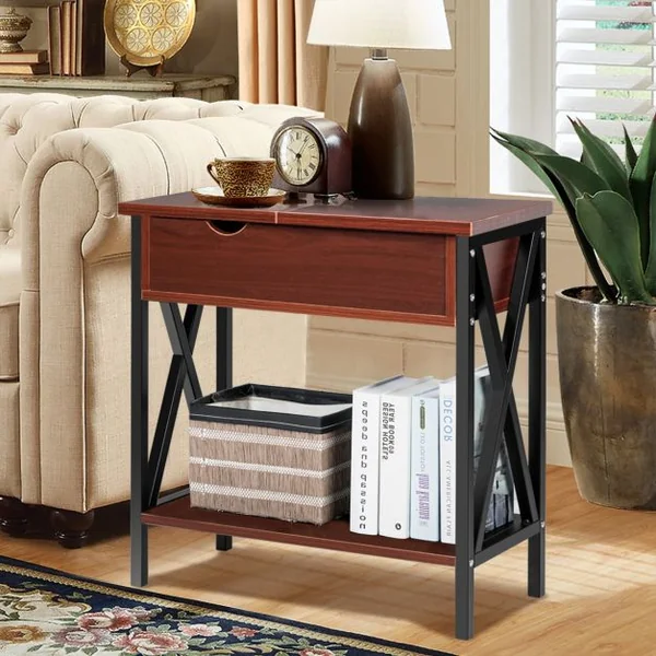 Table d'Appoint Table Basse d’Extrémité avec Plateau Rabattable Grande Capacité en Bois et Métal, 61x28,5x61cm, Café