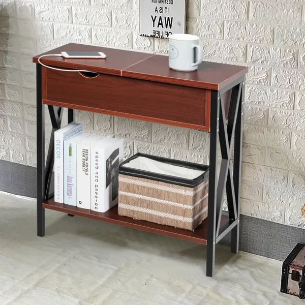 Table d'Appoint Table Basse d’Extrémité avec Plateau Rabattable Grande Capacité en Bois et Métal, 61x28,5x61cm, Café