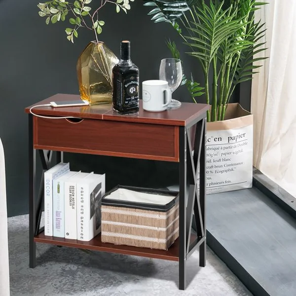 Table d'Appoint Table Basse d’Extrémité avec Plateau Rabattable Grande Capacité en Bois et Métal, 61x28,5x61cm, Café
