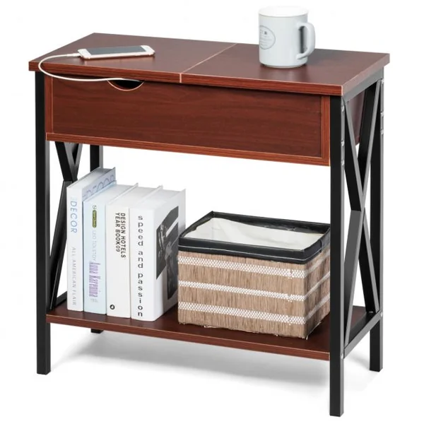 Table d'Appoint Table Basse d’Extrémité avec Plateau Rabattable Grande Capacité en Bois et Métal, 61x28,5x61cm, Café