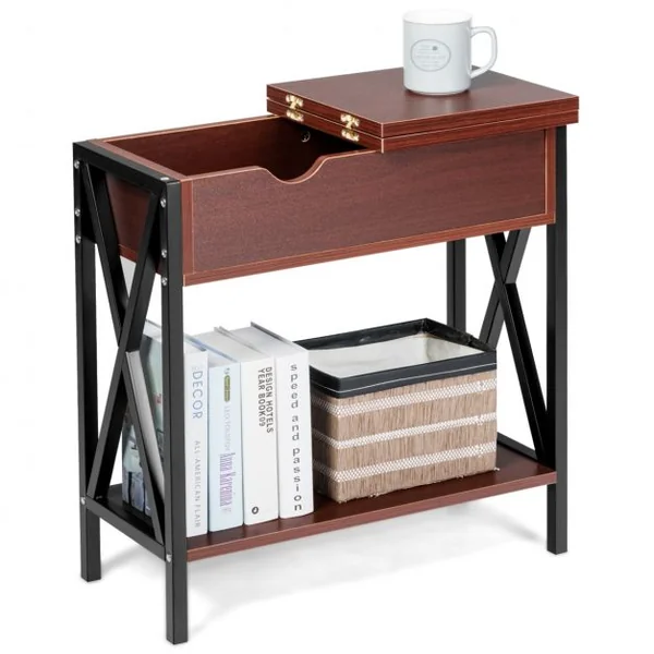 Table d'Appoint Table Basse d’Extrémité avec Plateau Rabattable Grande Capacité en Bois et Métal, 61x28,5x61cm, Café