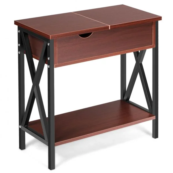 Table d'Appoint Table Basse d’Extrémité avec Plateau Rabattable Grande Capacité en Bois et Métal, 61x28,5x61cm, Café