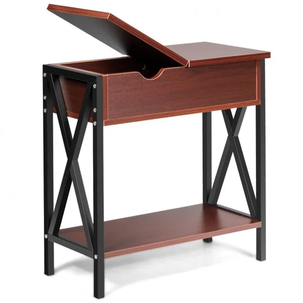 Table d'Appoint Table Basse d’Extrémité avec Plateau Rabattable Grande Capacité en Bois et Métal, 61x28,5x61cm, Café