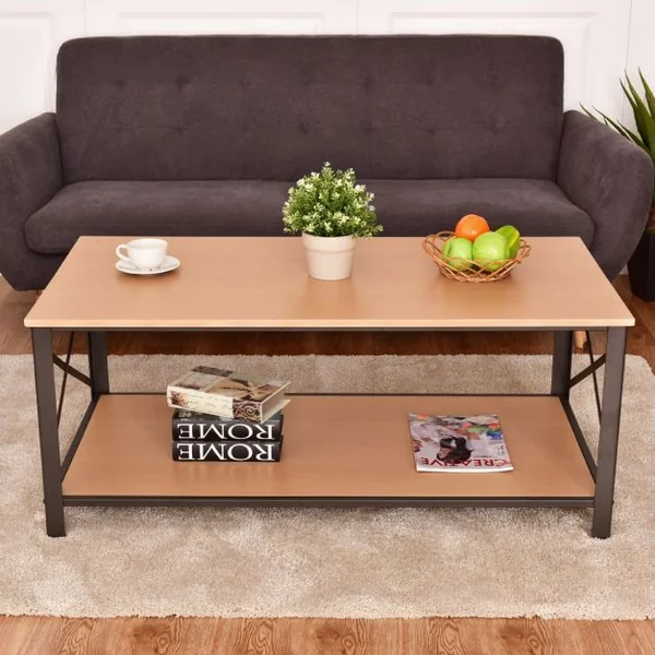 Table d'appoint Table basse Industrielle Table basse en métal et bois massif, 120x60x50 cm, Naturel
