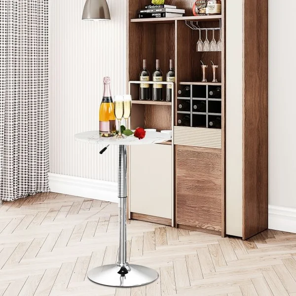 Table de Bar Haute Ronde 60 Cm Style Scandinave Motif Marbré Hauteur Réglable Capacité 120kg en Mdf+Fer 60x60x71-91cm