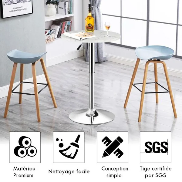 Table de Bar Haute Ronde 60 Cm Style Scandinave Motif Marbré Hauteur Réglable Capacité 120kg en Mdf+Fer 60x60x71-91cm