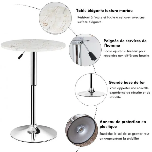 Table de Bar Haute Ronde 60 Cm Style Scandinave Motif Marbré Hauteur Réglable Capacité 120kg en Mdf+Fer 60x60x71-91cm
