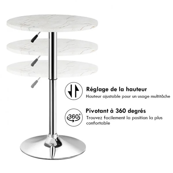 Table de Bar Haute Ronde 60 Cm Style Scandinave Motif Marbré Hauteur Réglable Capacité 120kg en Mdf+Fer 60x60x71-91cm