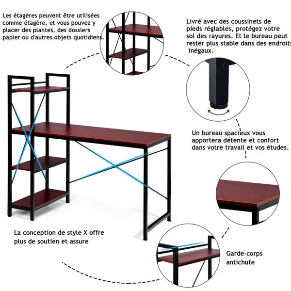 Table de Bureau avec Etagère Ajustable Capacité de Support 110kg 120,5 x 61 x 122cm Brun