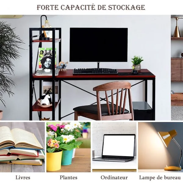 Table de Bureau avec Etagère Ajustable Capacité de Support 110kg 120,5 x 61 x 122cm Brun