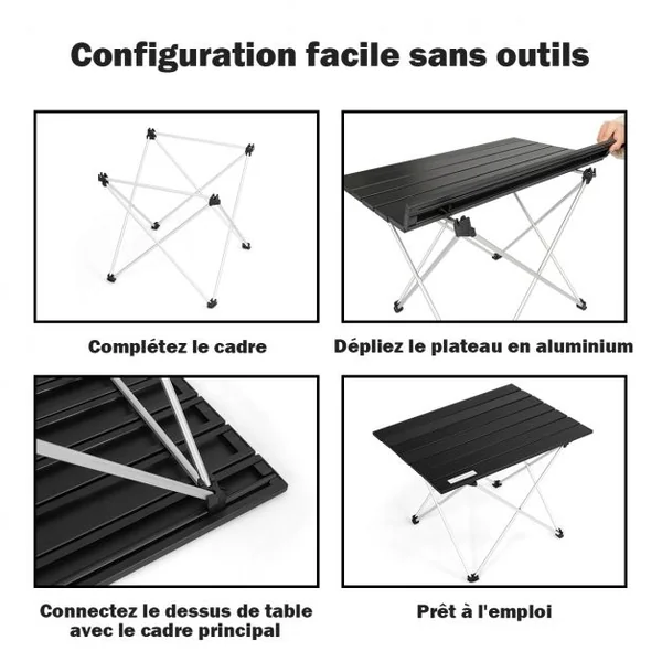 Table de Camping Pliable Table de Jardin avec Cadre en X Sac de Transport Capacité 25 KG en Aluminium 56x41x41cm Noir