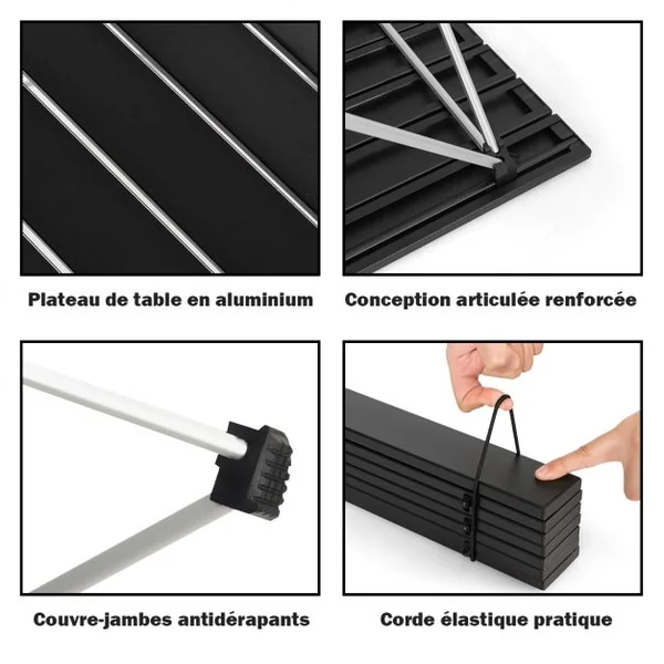 Table de Camping Pliable Table de Jardin avec Cadre en X Sac de Transport Capacité 25 KG en Aluminium 56x41x41cm Noir