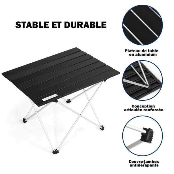 Table de Camping Pliable Table de Jardin avec Cadre en X Sac de Transport Capacité 25 KG en Aluminium 56x41x41cm Noir