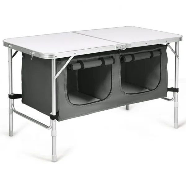 Table de Camping Pliante Compacte Réglable en Hauteur 2 Compartiments en tissu Oxford en Aluminium 120x60x54-70cm