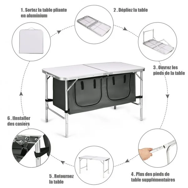 Table de Camping Pliante Compacte Réglable en Hauteur 2 Compartiments en tissu Oxford en Aluminium 120x60x54-70cm