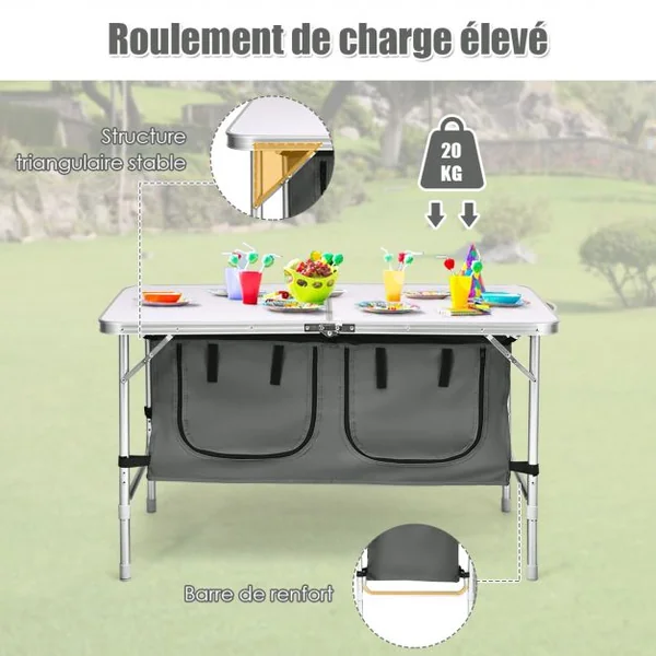 Table de Camping Pliante Compacte Réglable en Hauteur 2 Compartiments en tissu Oxford en Aluminium 120x60x54-70cm