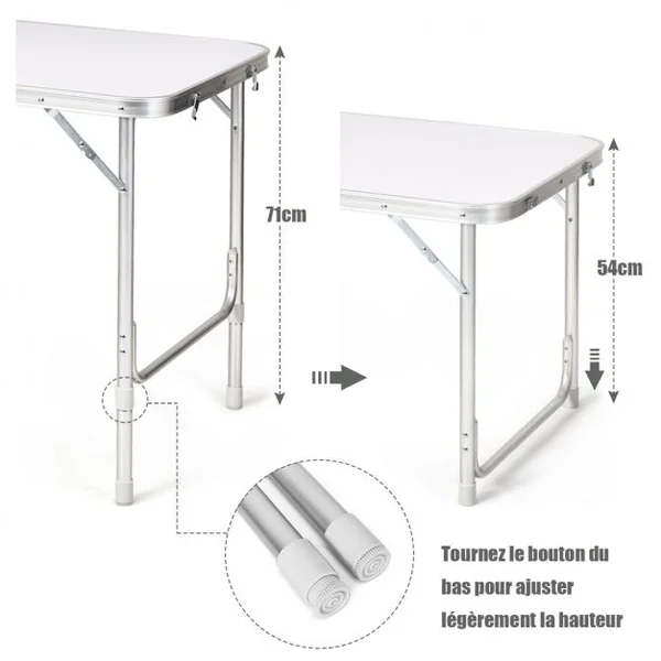Table de Camping Pliante Compacte Réglable en Hauteur 2 Compartiments en tissu Oxford en Aluminium 120x60x54-70cm