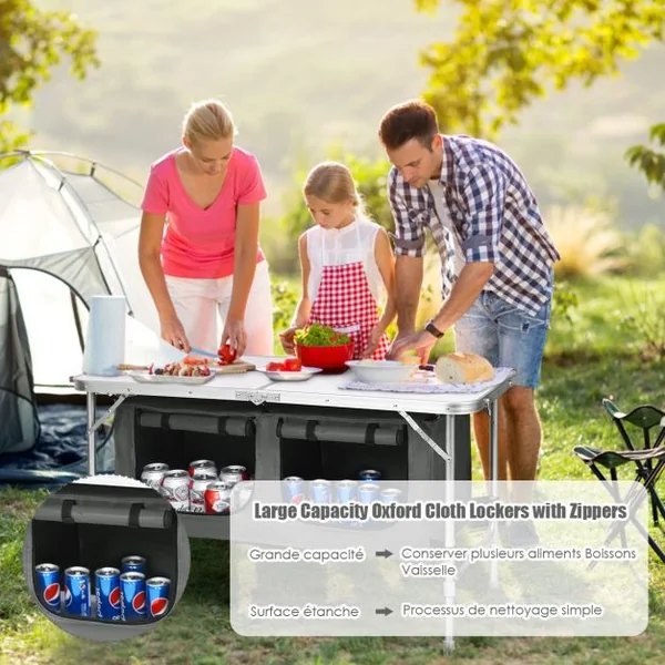 Table de Camping Pliante Compacte Réglable en Hauteur 2 Compartiments en tissu Oxford en Aluminium 120x60x54-70cm