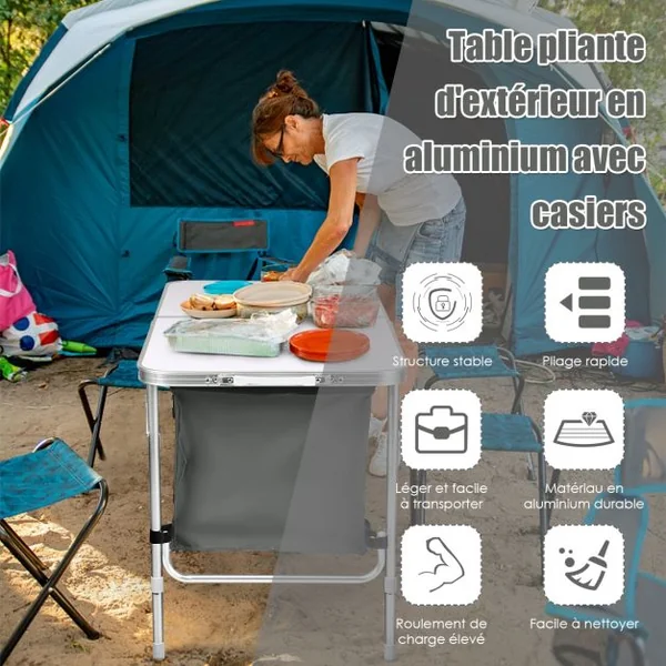 Table de Camping Pliante Compacte Réglable en Hauteur 2 Compartiments en tissu Oxford en Aluminium 120x60x54-70cm