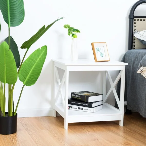 Table de Chevet avec 2 Etagères de Rangement 48 x 45 x 48CM Cadre en Forme de X Blanc
