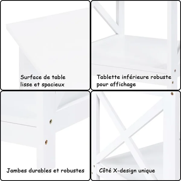 Table de Chevet avec 2 Etagères de Rangement 48 x 45 x 48CM Cadre en Forme de X Blanc