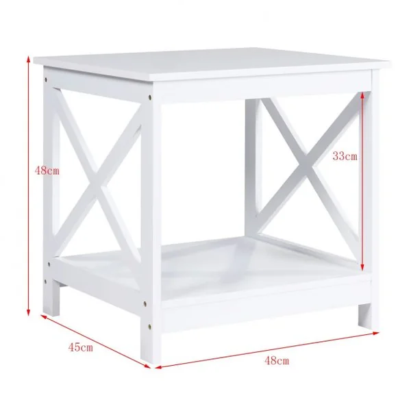 Table de Chevet avec 2 Etagères de Rangement 48 x 45 x 48CM Cadre en Forme de X Blanc