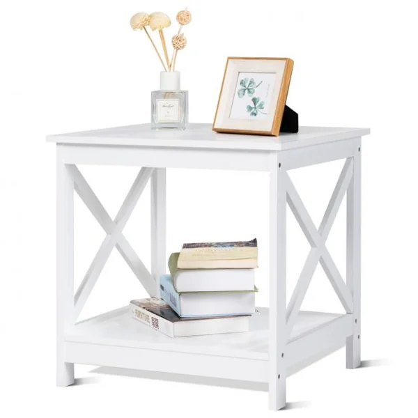 Table de Chevet avec 2 Etagères de Rangement 48 x 45 x 48CM Cadre en Forme de X Blanc