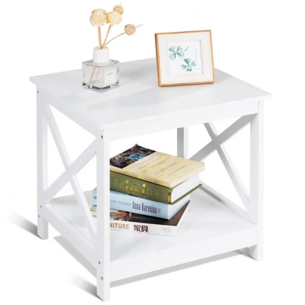 Table de Chevet avec 2 Etagères de Rangement 48 x 45 x 48CM Cadre en Forme de X Blanc