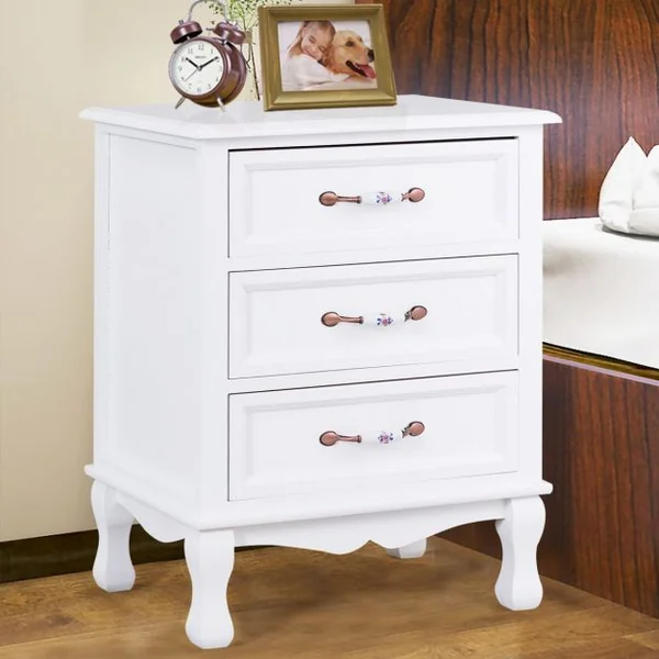 Table de chevet avec 3 tiroirs Meuble de rangement Table de nuit en bois de Paulownia et MDF, 58 x 38 x 65 cm, Blanc