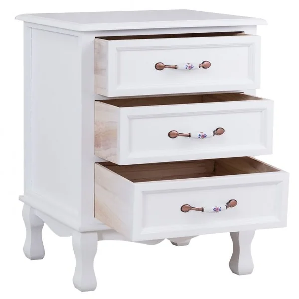 Table de chevet avec 3 tiroirs Meuble de rangement Table de nuit en bois de Paulownia et MDF, 58 x 38 x 65 cm, Blanc