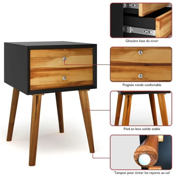 Table de Chevet en Bois avec 2 Tiroirs Table d'Appoint style Retro Multi-usages 40 x 40 x 59 cm