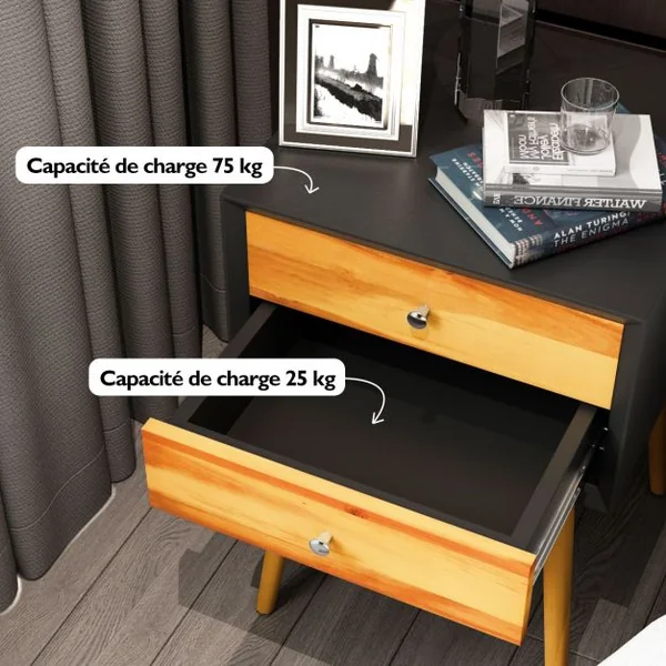 Table de Chevet en Bois avec 2 Tiroirs Table d'Appoint style Retro Multi-usages 40 x 40 x 59 cm