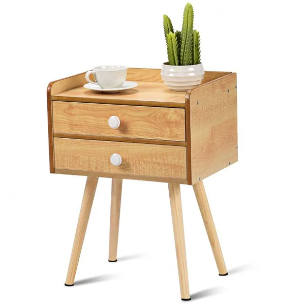 Table de Chevet en Bois Scandinave Laqué Satiné avec 2 tiroirs en MDF avec rebords, 40 x 30 x 54 cm, Couleur Naturel