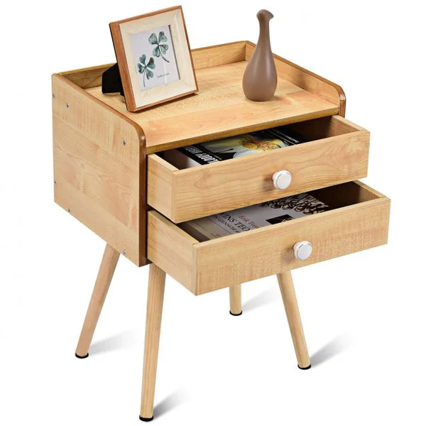 Table de Chevet en Bois Scandinave Laqué Satiné avec 2 tiroirs en MDF avec rebords, 40 x 30 x 54 cm, Couleur Naturel