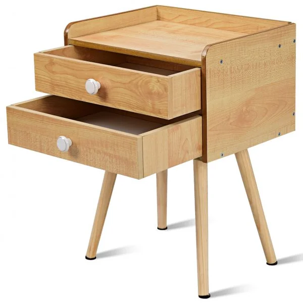 Table de Chevet en Bois Scandinave Laqué Satiné avec 2 tiroirs en MDF avec rebords, 40 x 30 x 54 cm, Couleur Naturel