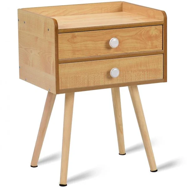 Table de Chevet en Bois Scandinave Laqué Satiné avec 2 tiroirs en MDF avec rebords, 40 x 30 x 54 cm, Couleur Naturel