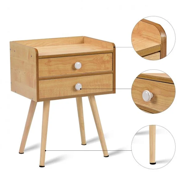 Table de Chevet en Bois Scandinave Laqué Satiné avec 2 tiroirs en MDF avec rebords, 40 x 30 x 54 cm, Couleur Naturel