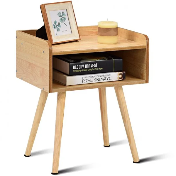 Table de Chevet en Bois Scandinave Laqué Satiné avec étagère en MDF avec rebords, 40 x 30 x 57.5 cm, Couleur Naturel
