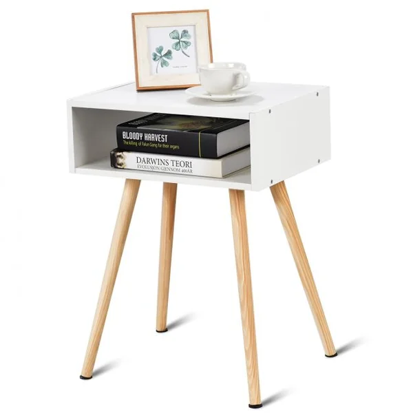 Table de Chevet en Bois Scandinave Laqué Satiné avec étagère en MDF Durable et Stable, 40 x 30 x 54 cm, Couleur Blanc